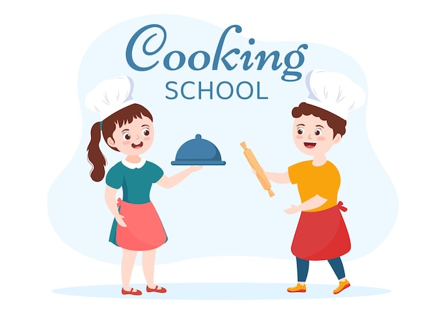 Kookschool met kinderen en leraar in een klas Leren koken Zelfgemaakt eten op illustratie