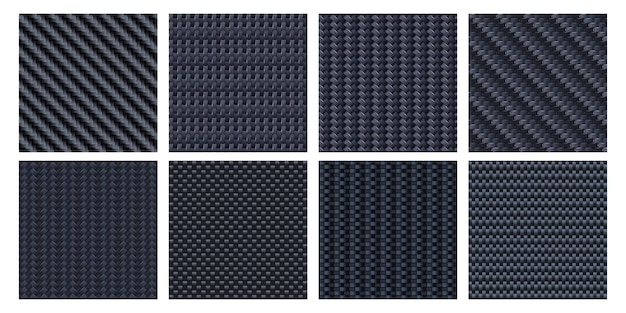 Koolstofvezeltextuur interlaced vezels carbonisch geweven en zwart aramide materiaal naadloze patroon vector set