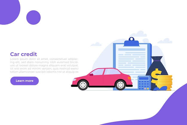 Koop een nieuwe auto op krediet, autokrediet of lening, autofinanciering concept. Vector illustratie.