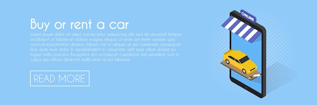 Koop of huur auto online concept. Isometrische telefoon storefront vectorillustratie. Sjabloon voor webbanner.