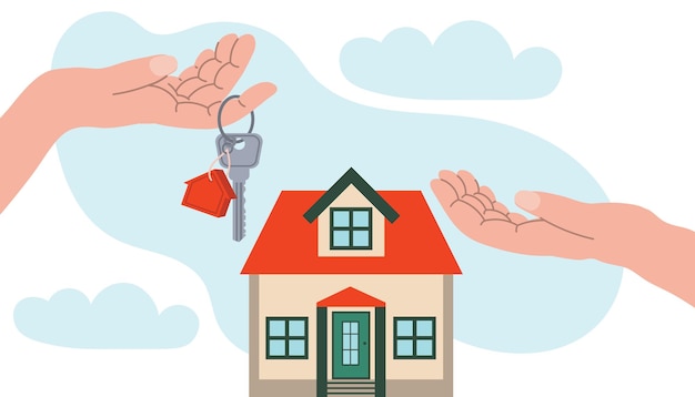 Koop- of huurconcept voor onroerend goed Verkoper geeft sleutel voor huis succesvol investeringsconcept