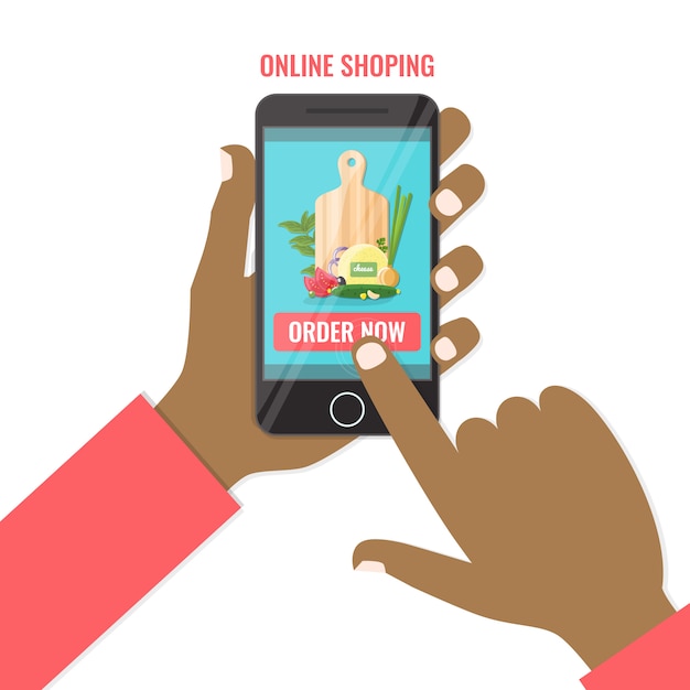 Koop voedsel online op de smartphone. Winkelen online bedrijf, bestel nu concept.