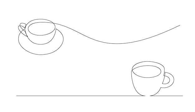 Kop met doorlopende lijnkunst Koffie- of theekop met één lijn tekening Warm drankje met stoom