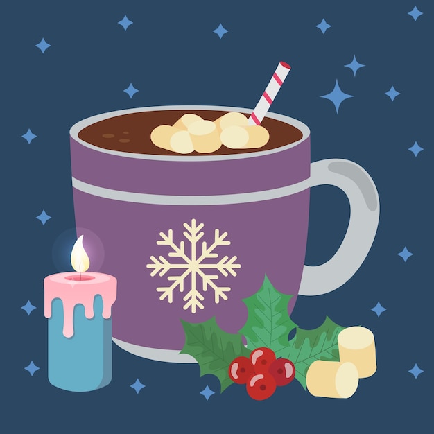 Kop warme chocolademelk met marshmallows Kerstmis en gelukkig Nieuwjaar concept vectorillustratie