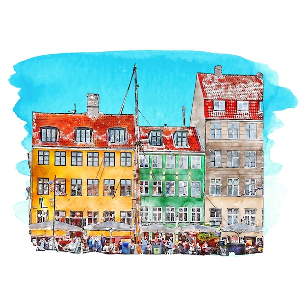 Kopenhagen Denemarken aquarel hand getekende illustratie geïsoleerd op een witte achtergrond