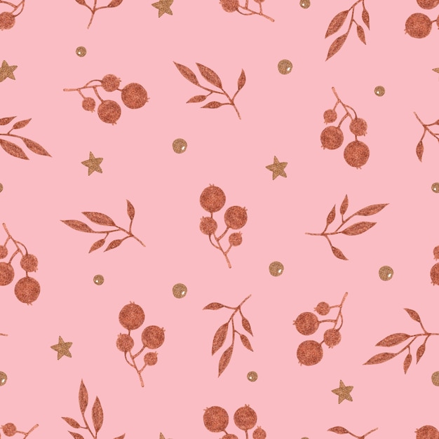 Koperen bessen en takken naadloos patroon op roze achtergrond