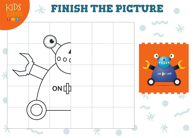 Kopieer afbeelding vectorillustratie. compleet en kleurspel voor kleuters en schoolkinderen. leuke robot met één oog voor tekenen en vroege ontwikkelingsactiviteiten