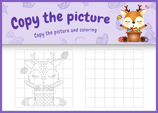 Kopieer de afbeelding kindergame en kleurplaat als thema Pasen met een schattig hert en emmer-ei