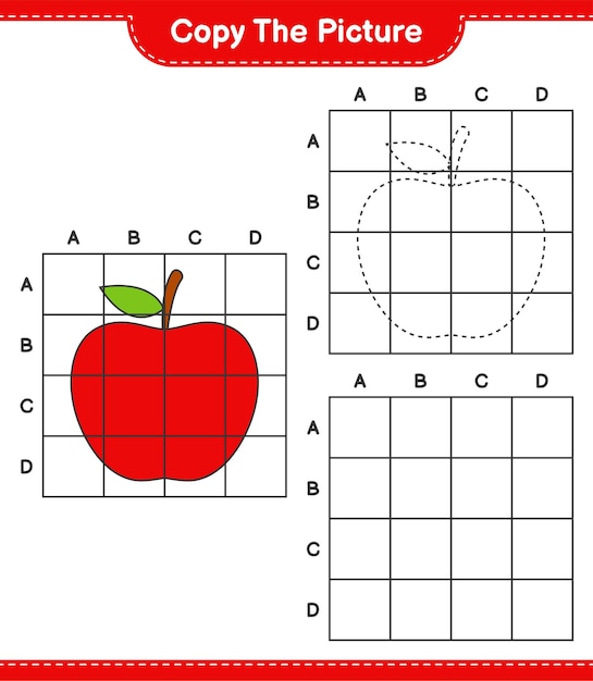 Kopieer de afbeelding, kopieer de afbeelding van appelfruit met behulp van rasterlijnen. Educatief kinderspel, afdrukbaar werkblad