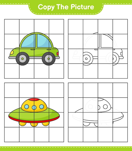 Kopieer de afbeelding kopieer de afbeelding van auto en ufo met rasterlijnen educatief spel voor kinderen afdrukbaar werkblad vectorillustratie