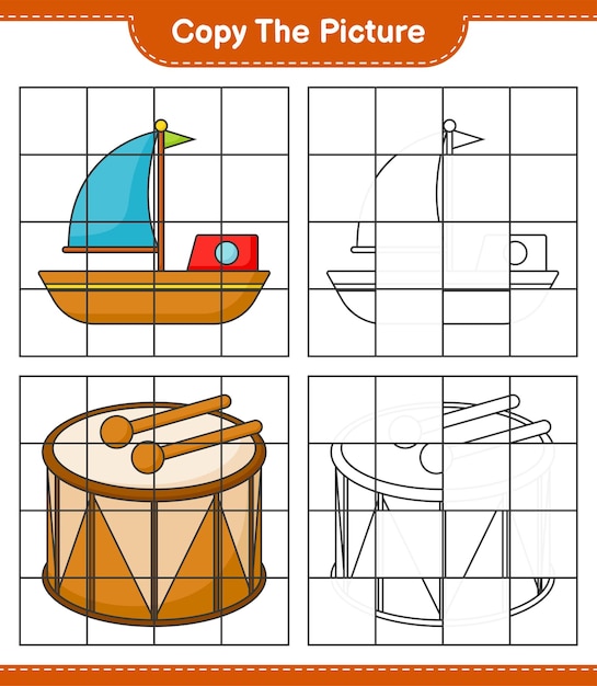 Kopieer de afbeelding kopieer de afbeelding van boot en drum met behulp van rasterlijnen educatief spel voor kinderen afdrukbaar werkblad vectorillustratie