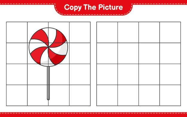 Kopieer de afbeelding, kopieer de afbeelding van Candy met rasterlijnen. Educatief kinderspel, afdrukbaar werkblad, vectorillustratie