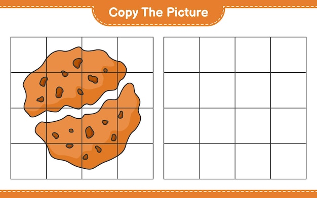 Kopieer de afbeelding, kopieer de afbeelding van Cookie met rasterlijnen. Educatief kinderspel, afdrukbaar werkblad, vectorillustratie