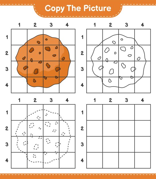 Kopieer de afbeelding, kopieer de afbeelding van Cookie met rasterlijnen. Educatief kinderspel, afdrukbaar werkblad, vectorillustratie