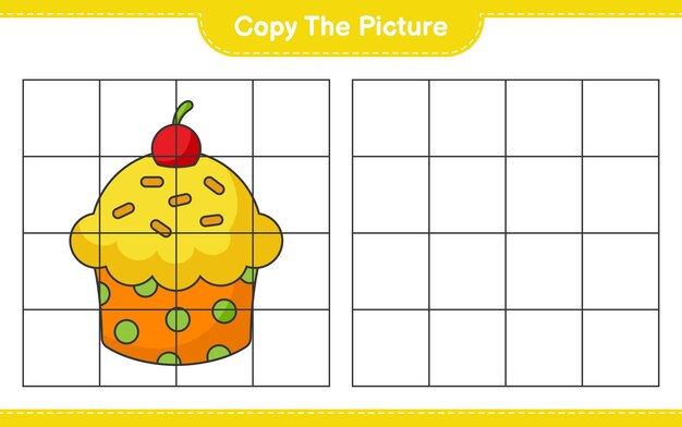 Kopieer de afbeelding, kopieer de afbeelding van Cup Cake met rasterlijnen. Educatief kinderspel, afdrukbaar werkblad, vectorillustratie
