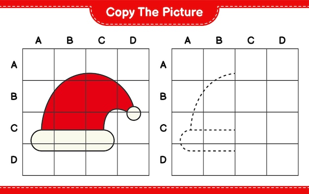 Kopieer de afbeelding, kopieer de afbeelding van de kerstmuts met behulp van rasterlijnen. Educatief kinderspel, afdrukbaar werkblad