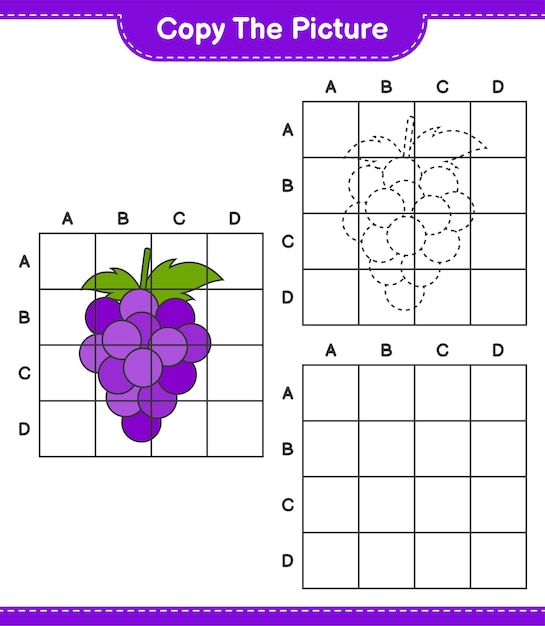 Kopieer de afbeelding, kopieer de afbeelding van Druif met behulp van rasterlijnen. Educatief kinderspel, afdrukbaar werkblad
