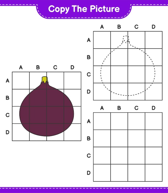 Kopieer de afbeelding, kopieer de afbeelding van fig met behulp van rasterlijnen. educatief kinderspel, afdrukbaar werkblad