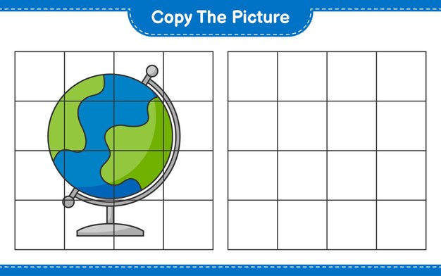 Kopieer de afbeelding, kopieer de afbeelding van Globe met rasterlijnen. Educatief kinderspel, afdrukbaar werkblad, vectorillustratie