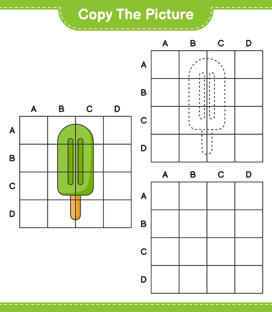 Kopieer de afbeelding, kopieer de afbeelding van Ice Cream met rasterlijnen. Educatief kinderspel, afdrukbaar werkblad, vectorillustratie