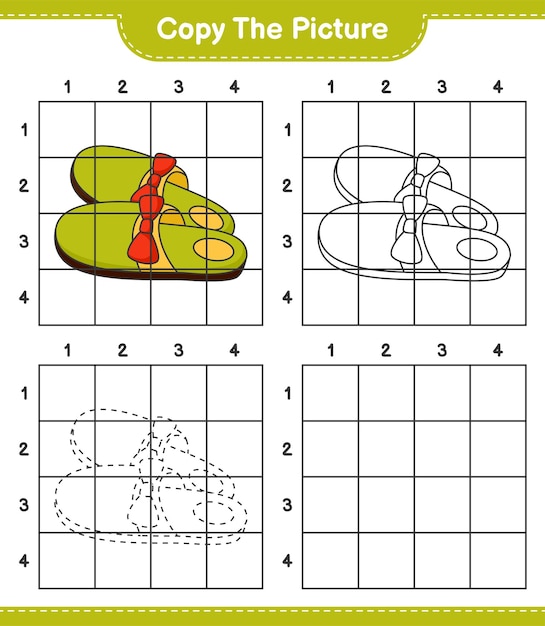 Kopieer de afbeelding kopieer de afbeelding van pantoffels met rasterlijnen Educatief kinderspel afdrukbaar werkblad vectorillustratie