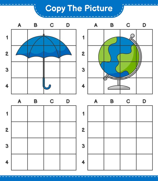 Kopieer de afbeelding kopieer de afbeelding van Paraplu en Globe met rasterlijnen Educatief kinderspel