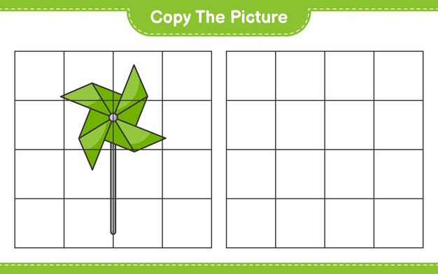 Kopieer de afbeelding, kopieer de afbeelding van Pinwheels met rasterlijnen. Educatief kinderspel, afdrukbaar werkblad, vectorillustratie