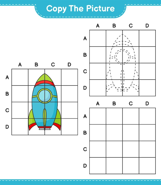 Kopieer de afbeelding kopieer de afbeelding van Raket met behulp van rasterlijnen Educatief kinderspel afdrukbaar werkblad vectorillustratie