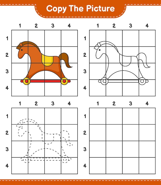 Kopieer de afbeelding Kopieer de afbeelding van Rocking Horse met rasterlijnen Educatief spel voor kinderen afdrukbaar werkblad vectorillustratie