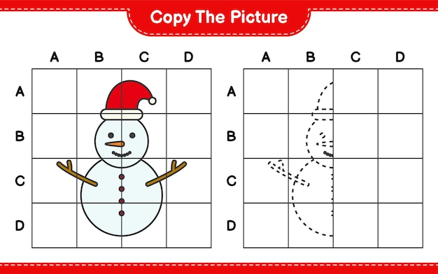 Kopieer de afbeelding, kopieer de afbeelding van sneeuwman met behulp van rasterlijnen. educatief kinderspel, afdrukbaar werkblad