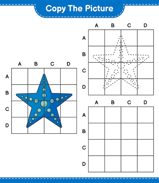 Kopieer de afbeelding, kopieer de afbeelding van Starfish met rasterlijnen. Educatief kinderspel, afdrukbaar werkblad, vectorillustratie