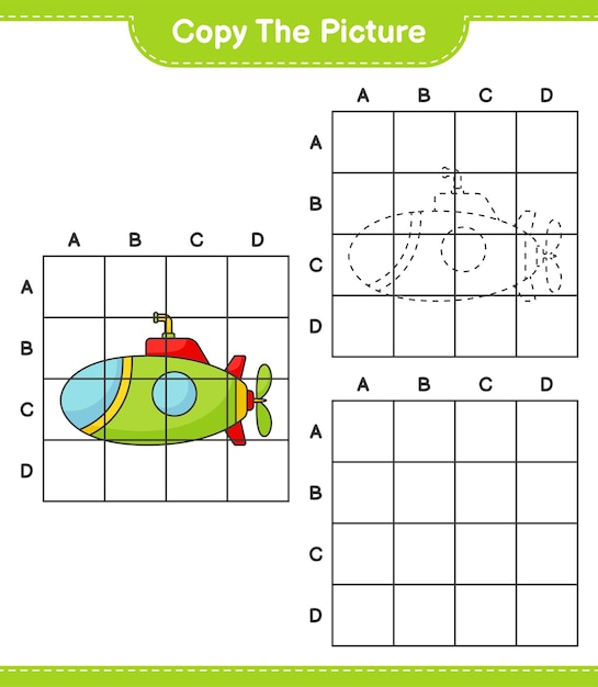 Kopieer de afbeelding kopieer de afbeelding van submarine met behulp van rasterlijnen educatief kinderspel afdrukbaar werkblad vectorillustratie