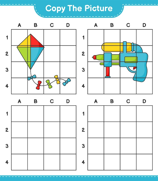 Kopieer de afbeelding kopieer de afbeelding van vlieger en waterpistool met behulp van rasterlijnen Educatief spel voor kinderen afdrukbaar werkblad vectorillustratie