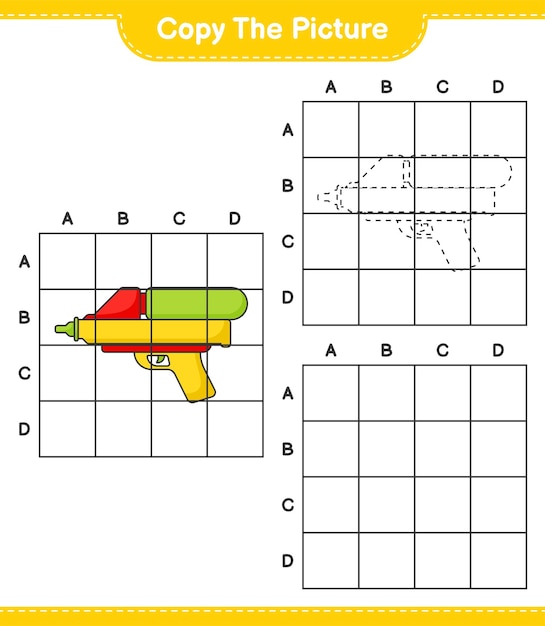 Kopieer de afbeelding kopieer de afbeelding van Water Gun met behulp van rasterlijnen Educatief spel voor kinderen afdrukbaar werkblad vectorillustratie