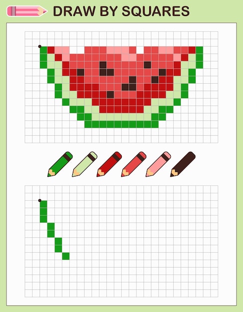 Kopieer de afbeelding, teken met vierkanten. Spel voor kinderen tekenen watermeloen door cellen met kleurenpalet.