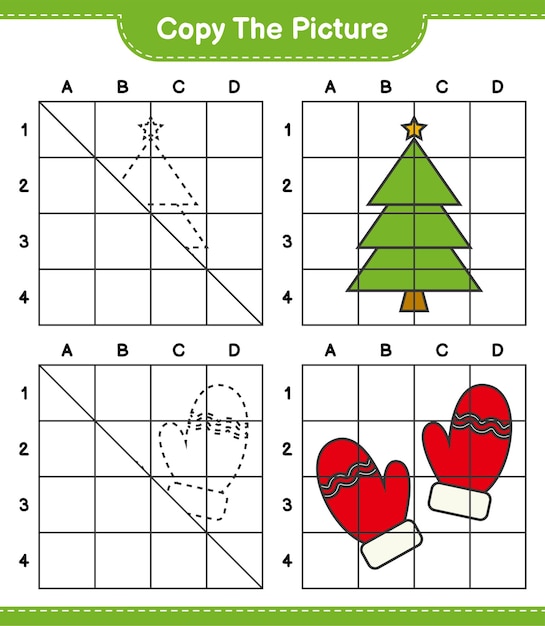 Kopieer het educatieve werkbladspel met kerstboom en want met behulp van rasterlijnen