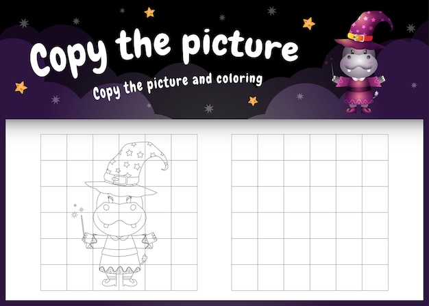 Kopieer het foto-kinderspel en de kleurpagina met een schattig nijlpaard met een halloween-kostuum