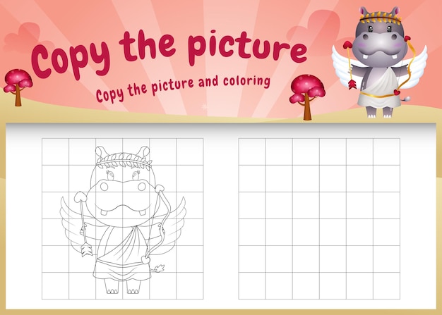 Kopieer het foto-kinderspel en de kleurpagina met een schattig nijlpaard met een valentijnskostuum