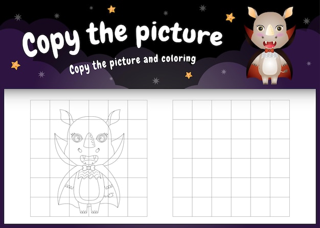 Kopieer het foto-kinderspel en de kleurpagina met een schattige neushoorn met Halloween-kostuum