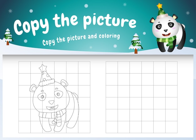 Kopieer het foto-kinderspel en de kleurpagina met een schattige panda met kerstkostuum