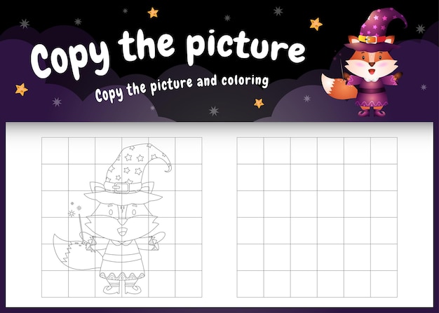 Kopieer het foto-kinderspel en de kleurpagina met een schattige vos met een halloween-kostuum