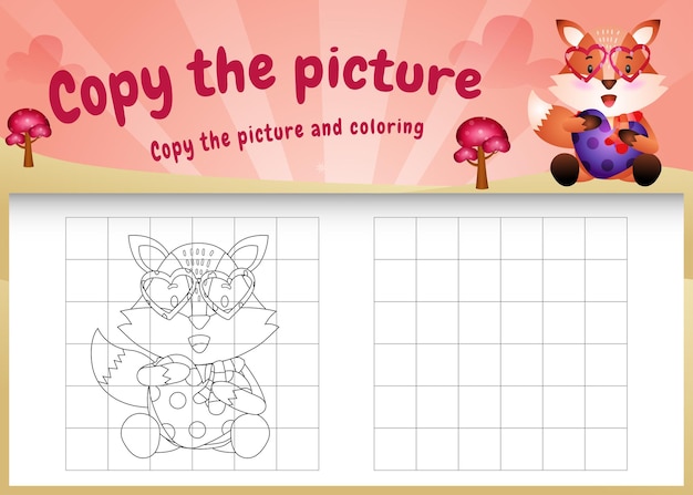Kopieer het foto-kinderspel en de kleurpagina met een schattige vos met een valentijnskostuum