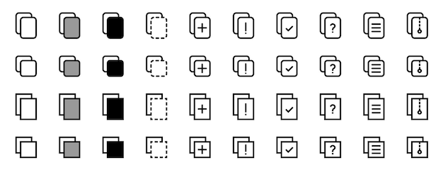 Kopieer icoon collectie Bestandspictogram set zwarte kleur ontwerp Zwart plat dun pictogram op moderne kaderstijl
