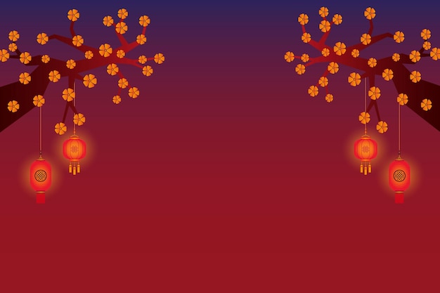 Kopieer ruimte Chinees nieuwjaar met lantaarn en bloem in de nacht door vectorontwerp