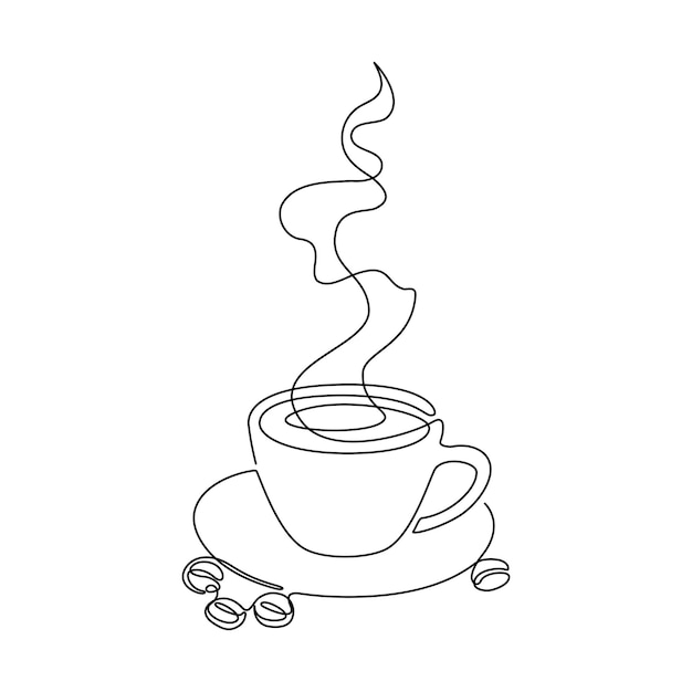 Kopje koffie met aroma rook in een doorlopende lijntekening minimalistische contour symbool concept theemok voor café menu en webbanner in eenvoudige lineaire stijl bewerkbare beroerte doodle vectorillustratie