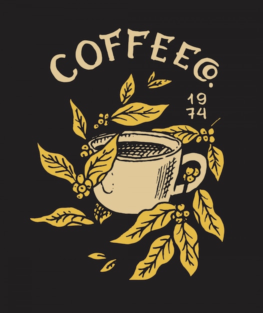 Kopje koffie met bladeren. logo en embleem voor winkel. cacaobonen en granen. vintage retro badge. sjablonen voor t-shirts, typografie of uithangborden. handgetekende gegraveerde schets.