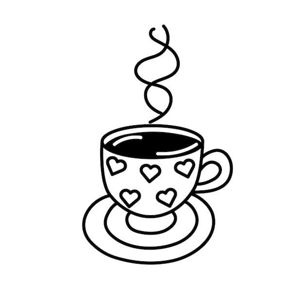 Kopje warme drank met een schotel versierd met harten Vector doodle icon