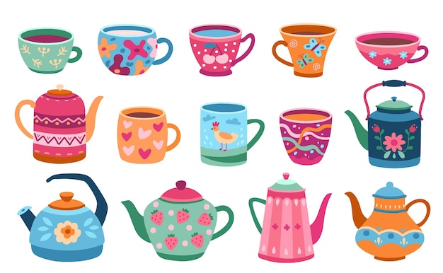 Kopjes en theepot. Scandinavische keukenkop, trendy gekleurde koffiemok waterkokers. Bloemen ornamenten servies, ontbijt gerechten exacte vector set