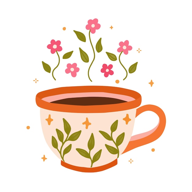 Kopjes thee of mok koffie met bloemmotief en verschillende bloemen planten ornamenten kunst print elementen illustratie