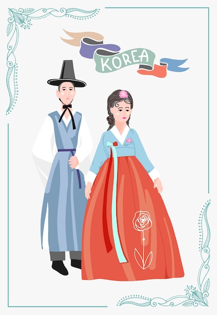 Koppel in traditionele koreaanse jurken draagt koreaanse hanbok-kostuum